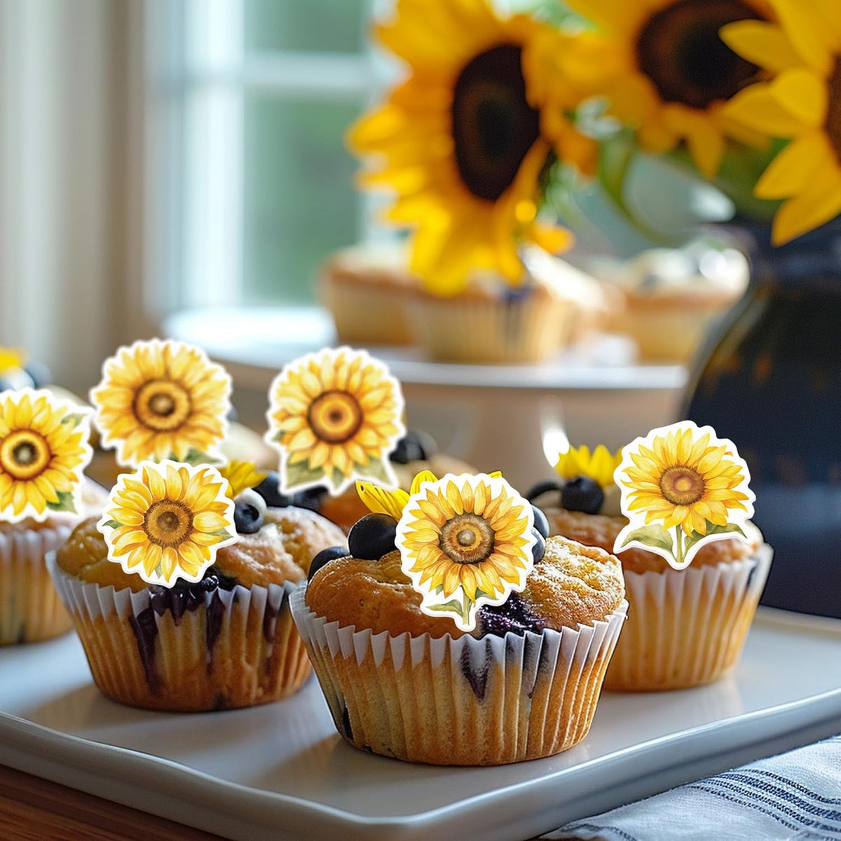 48 Pack Edible Sunflowers Cupcake Toppers Wafer Paper Floiwers Cupcake Picks Edible Yellow Sun
