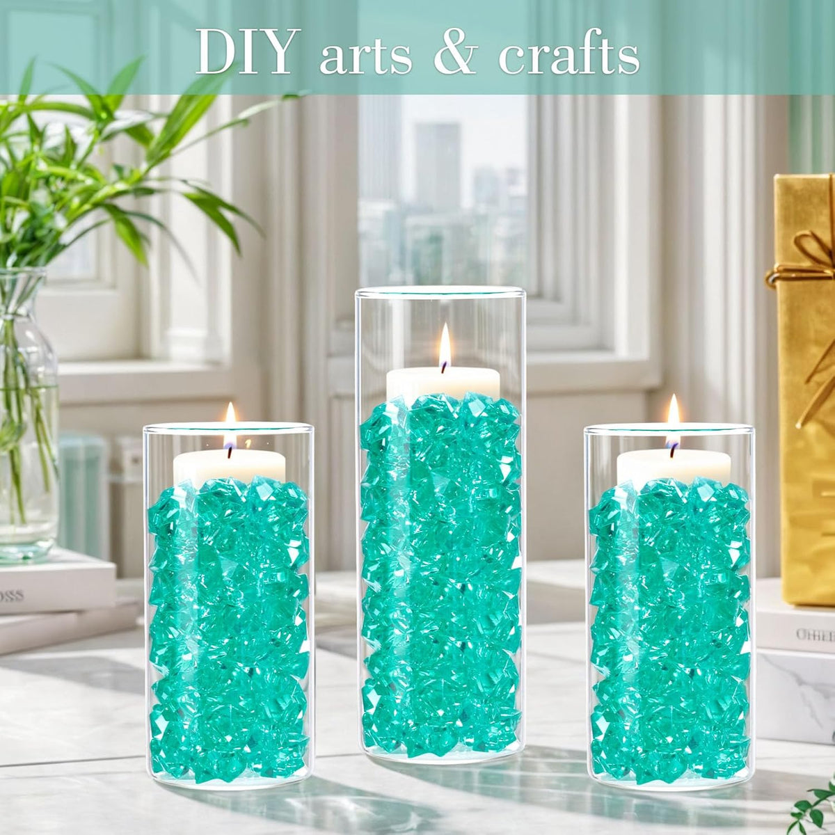 DomeStar Teal Fake Ice Rocks, 150PCS Acrylic Gems Crystals Plastic Shamrock Diamonds Centerpiece