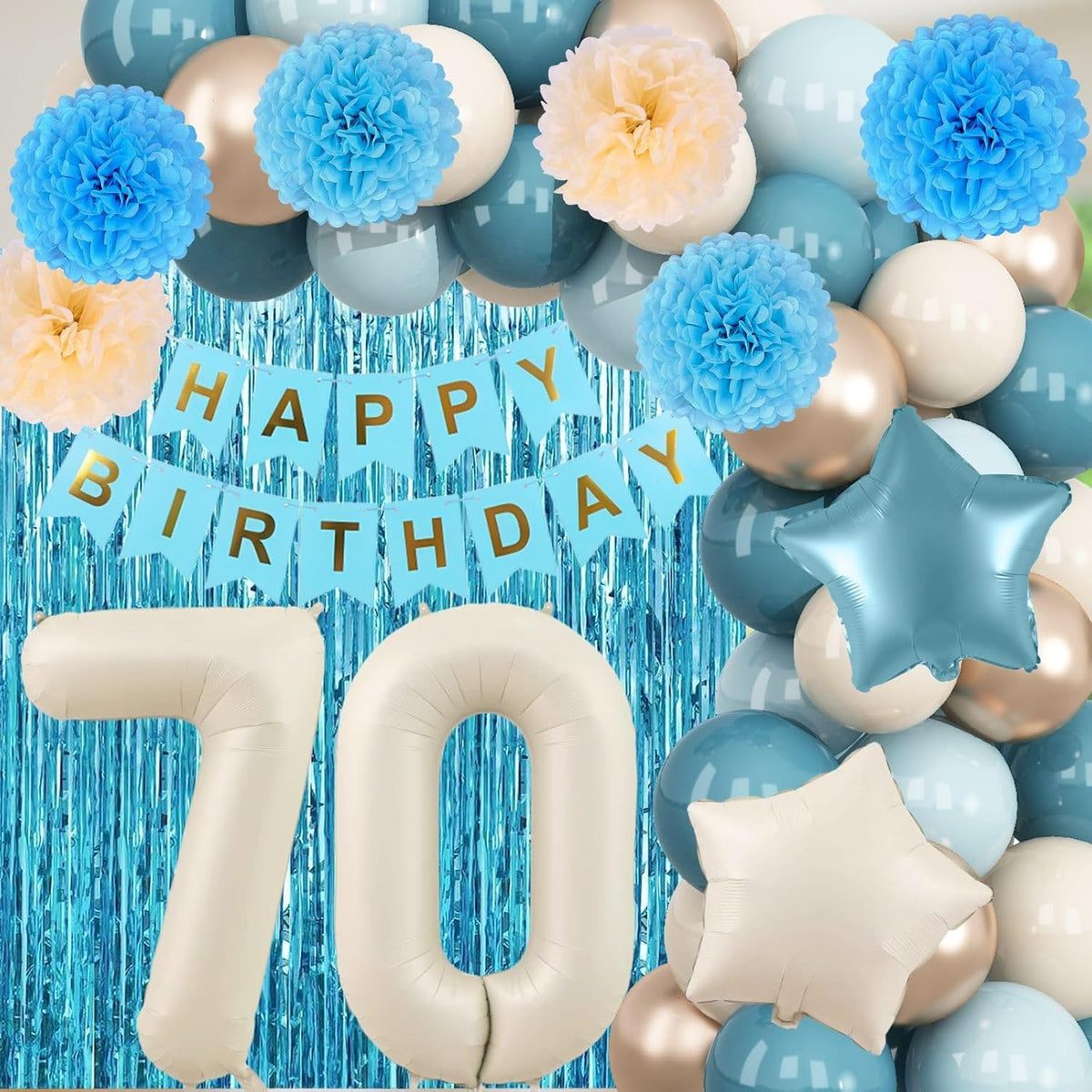 Dusty Blue 70th Birthday Party Decorations for Women Men Beige Cream Number 70 Balloon with Blue