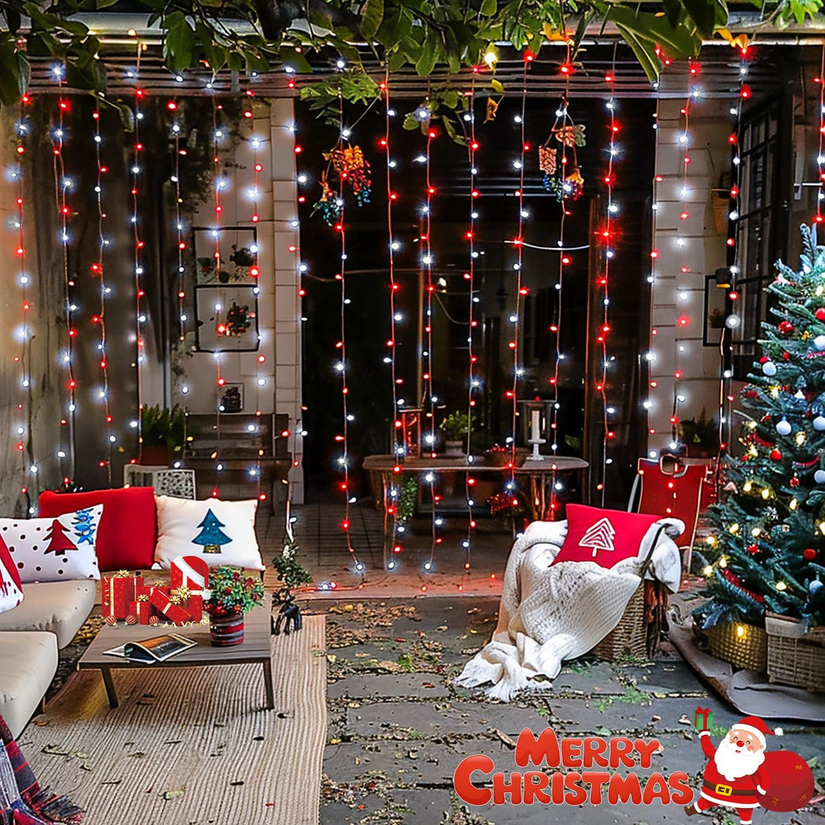 JMEXSUSS 300LED Red and White Christmas Curtain Lights with Remote, 9.8x9.8ft Christmas String