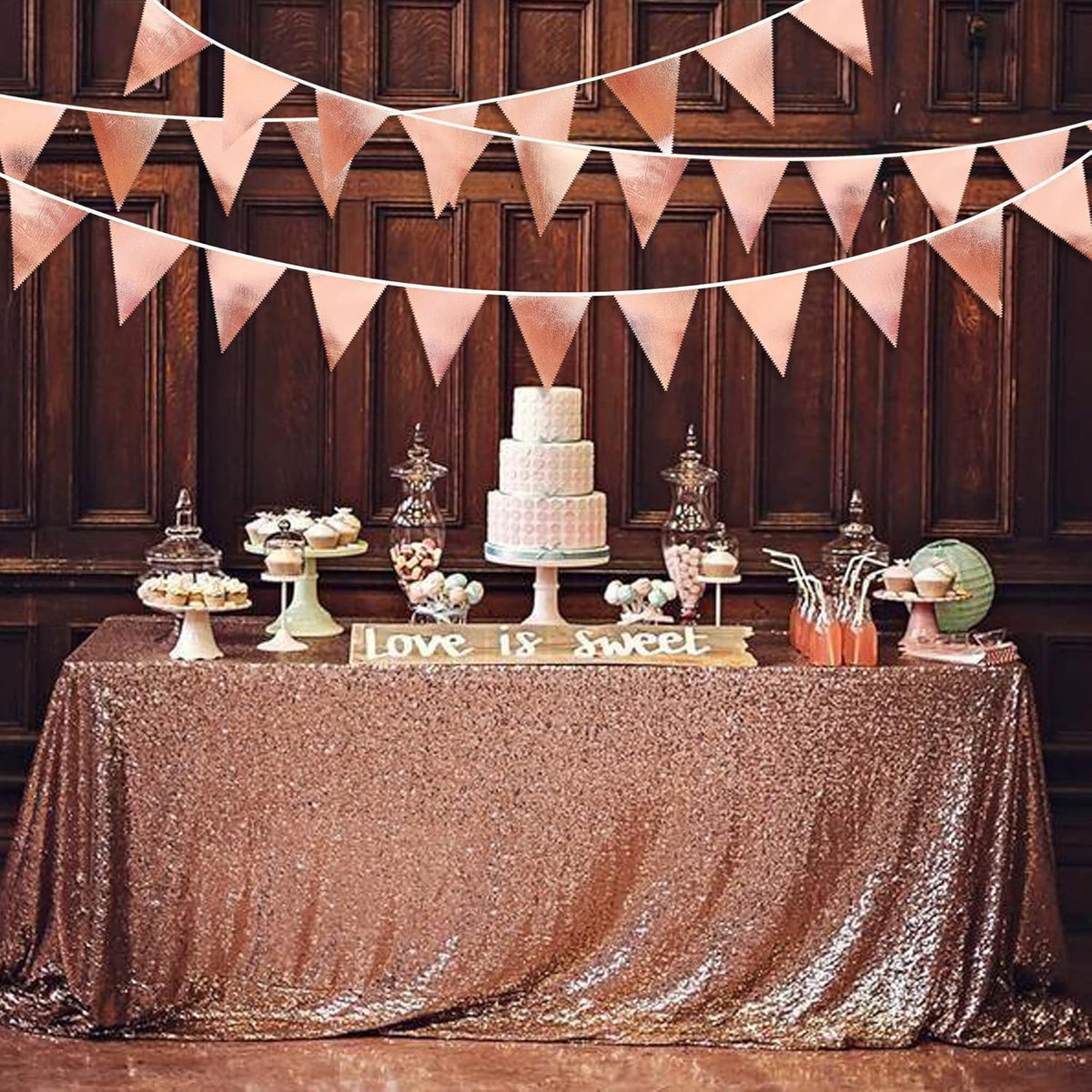 Rose Gold Party Decorations Metallic Fabric Triangle Pennant Banner Blush Pink Flag Bunting Garland