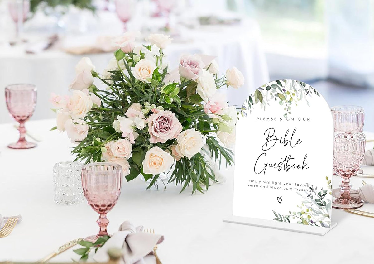 Greenery Bible Guest Book Sign, 6 x 8 Inch White Arch Acrylic Wedding Sign with Holder, Wedding