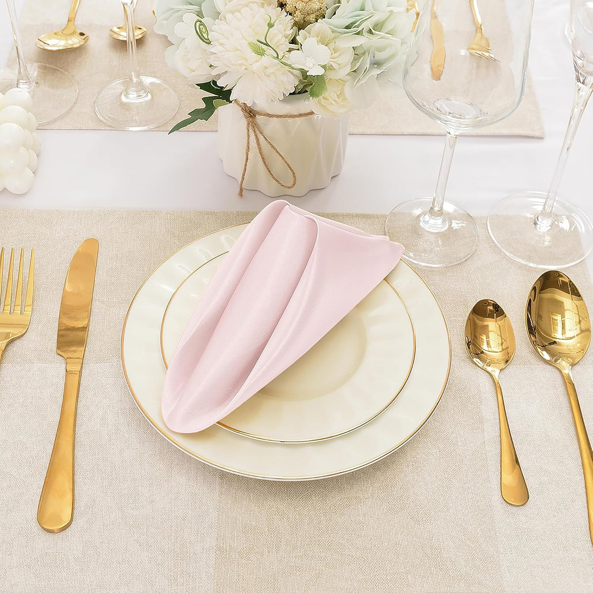 12 Pieces Light Pink Satin Napkins, 17" x 17" Square Table Napkins, Silky Soft Smooth Washable