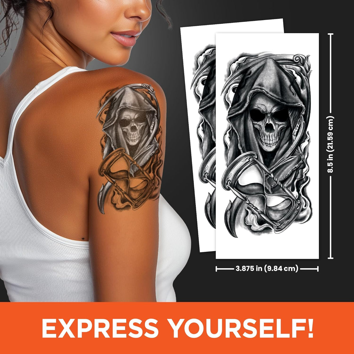 Skull Temporary Tattoo Sleeves – Realistic Full Arm Fake Tattoos for Men & Women, Slip-On Sleeve