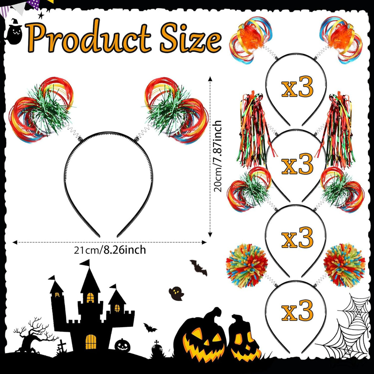 Censen 12 Pcs Halloween Pom Pom Party Headbands Tinsel Ponytails Spirit Head Bopper Headwear for