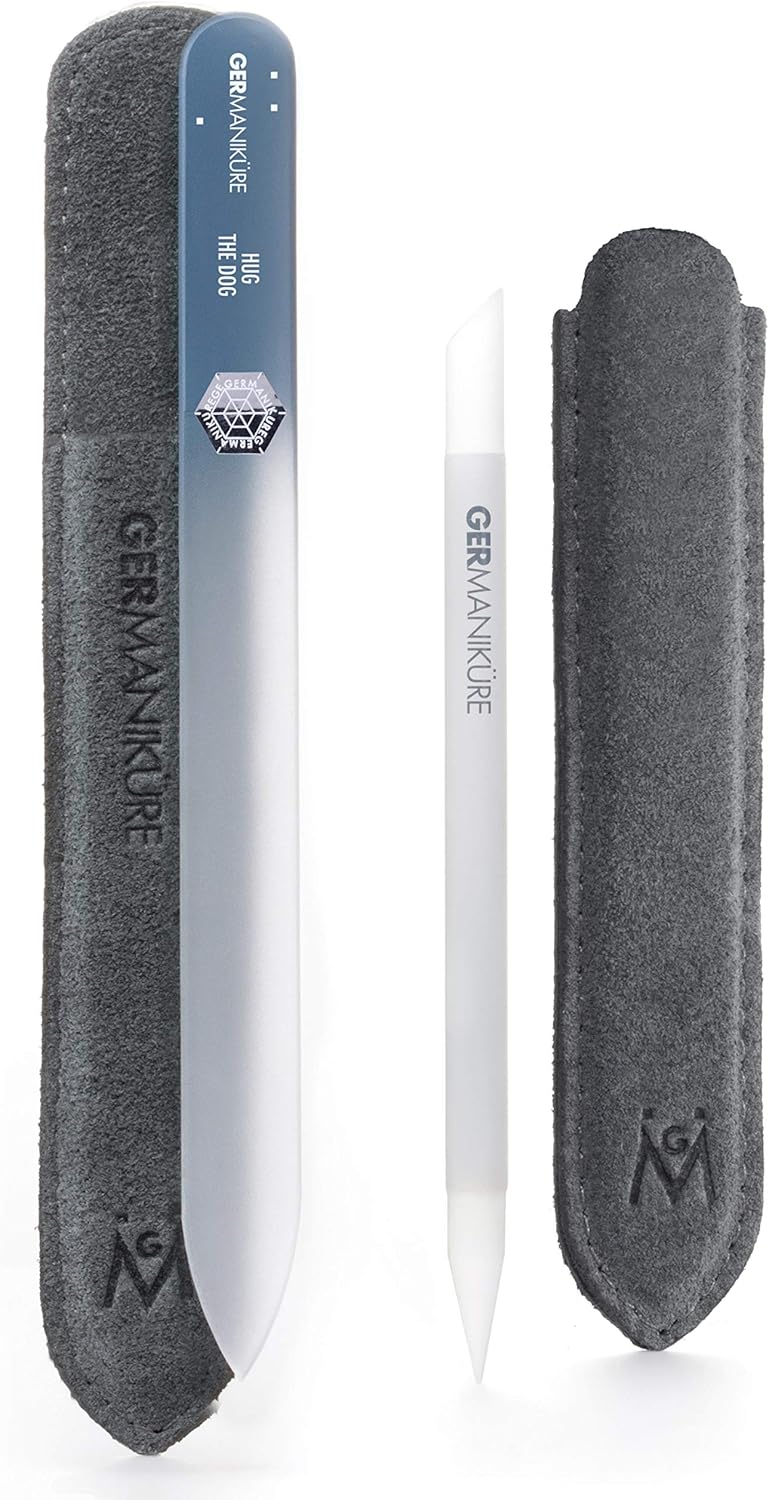 GERMANIKURE 2 Pc Glass Bundle - Crystal Glass Cuticle Stick & Hug The Dog Nail File Set in Suede
