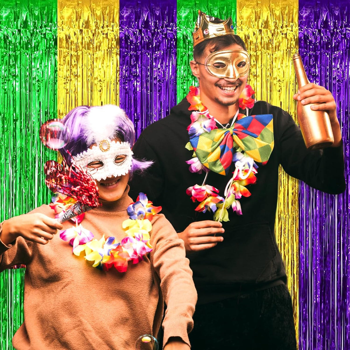 3 Pack Gold Green Purple Foil Fringe Curtain Backdrop, 3.28Ft x 8.2Ft Metallic Tinsel Foil Fringe