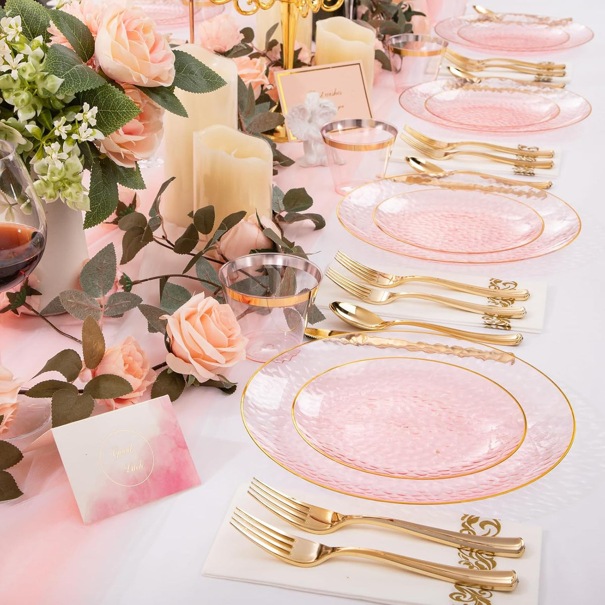 Rubtlamp 350 Pcs Clear Pink Plastic Plates, Pink Gold Plastic Dinnerware Set (50 Guests)