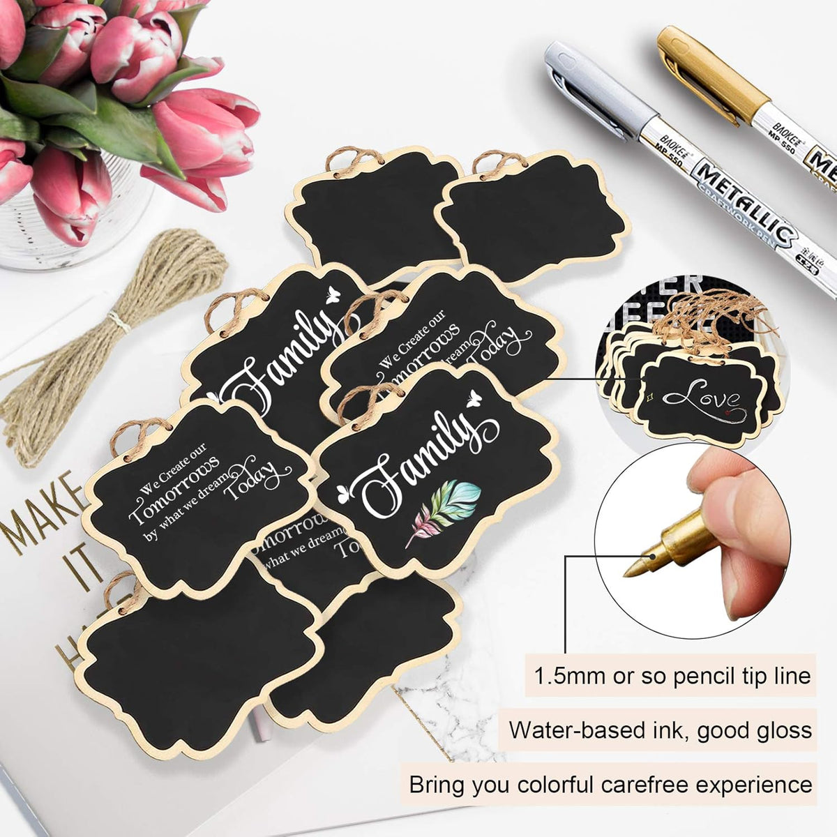 24PCS Reusable Chalkboard Tags with String, ULENDIS 2.36x3.35 Inch Wooden Chalkboards Signs with