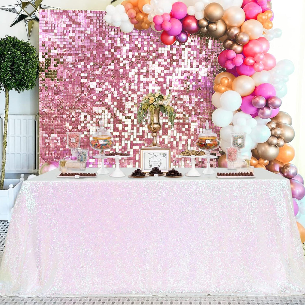 QueenDream Tablecloth 90x156 Rectangle Sequin Tablecloth White Iridescent Wedding Table Linens