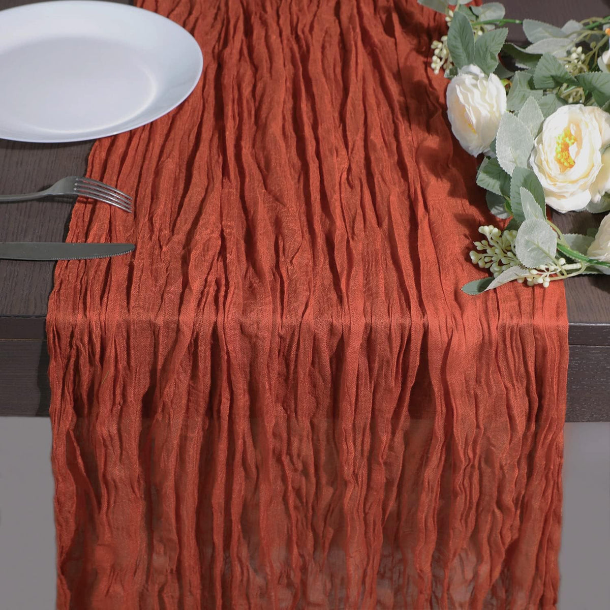 Snowkingdom 10 Ft Fall Table Runner Terracotta Cheesecloth, 120 inch Long Rust Burnt Orange Cheese