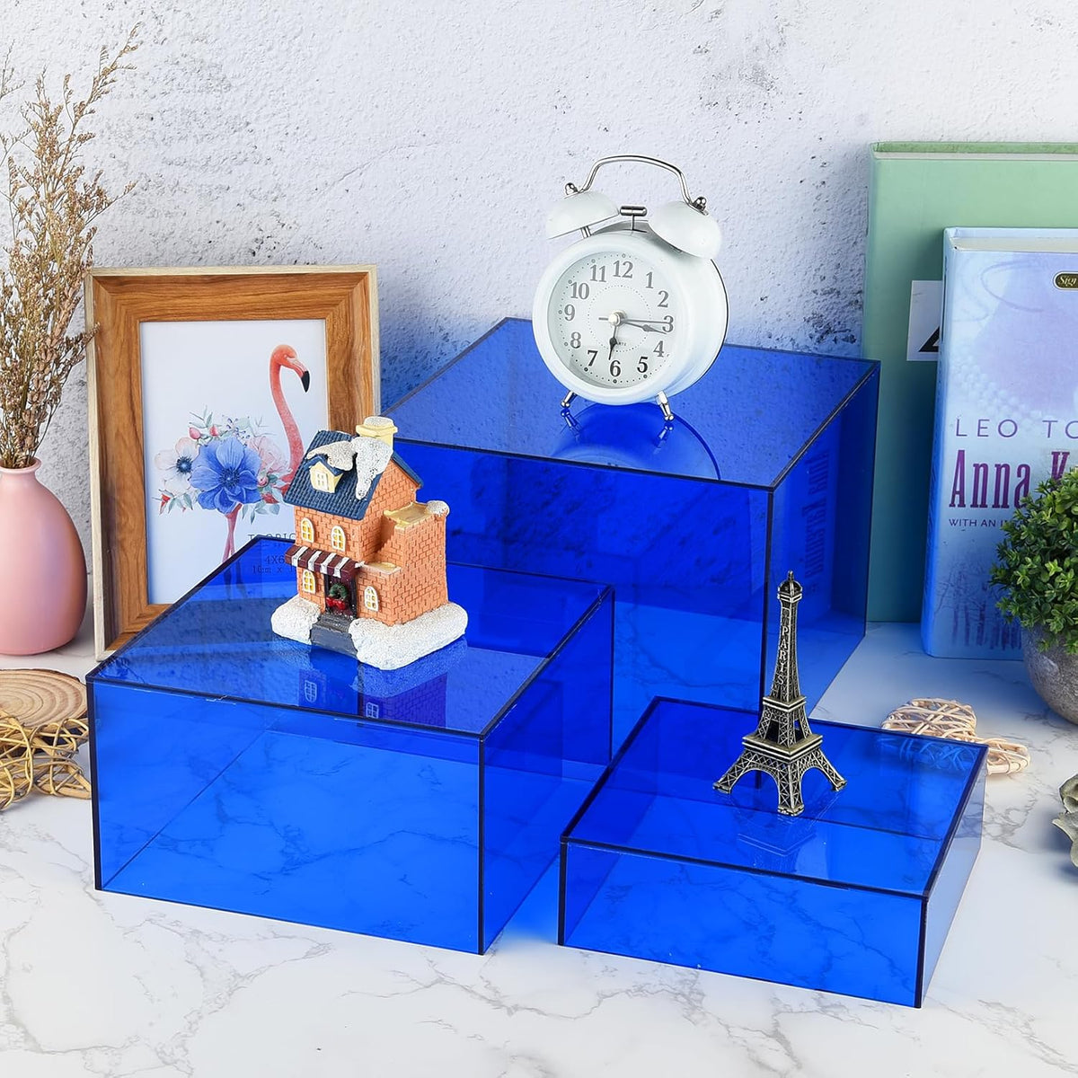3Pcs Blue Buffet Risers Acrylic Boxes Display Food Risers for Buffet Table Platter Parties Weddings