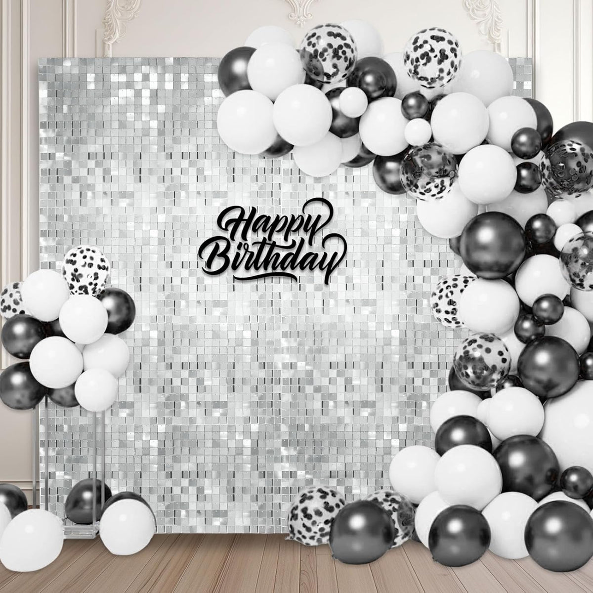 24PCS Silver Shimmer Wall Backdrop, Square Sequin Backdrops Panel, Glitter Wall Background for
