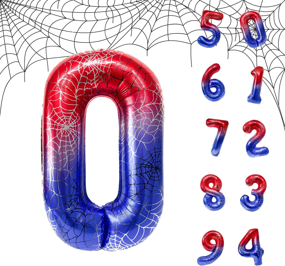 Spider Web 40Inch Foil Number Balloons Set 0-9 Includes Inflation Straws - Giant Decor for