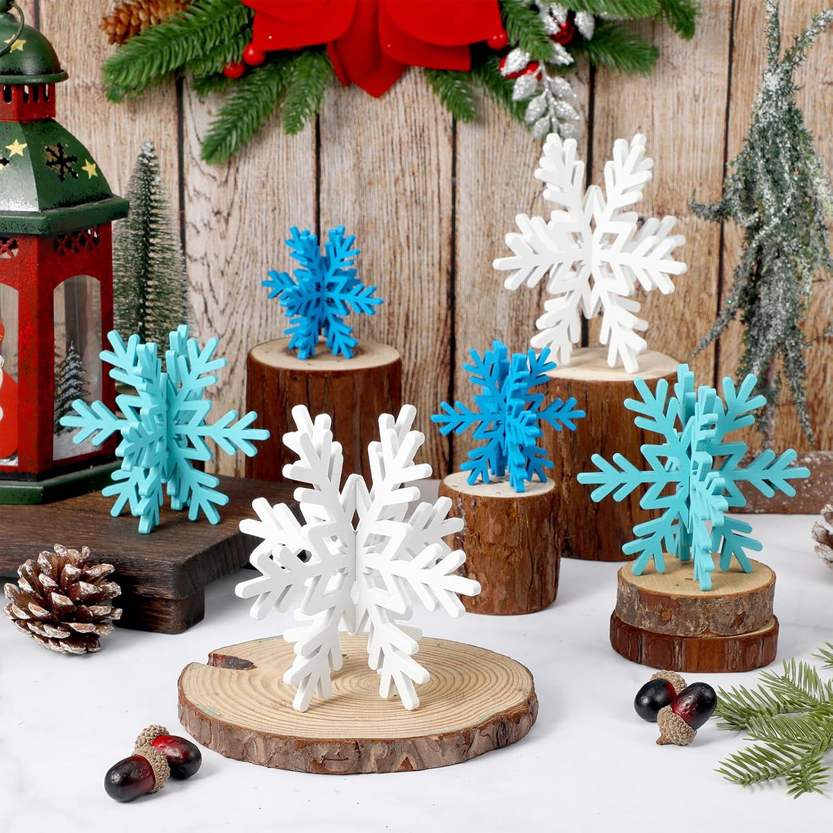 Bucherry 12 Pcs Wooden Snowflake Table Decor 3D Snowflake Tabletop Signs and Centerpiece for
