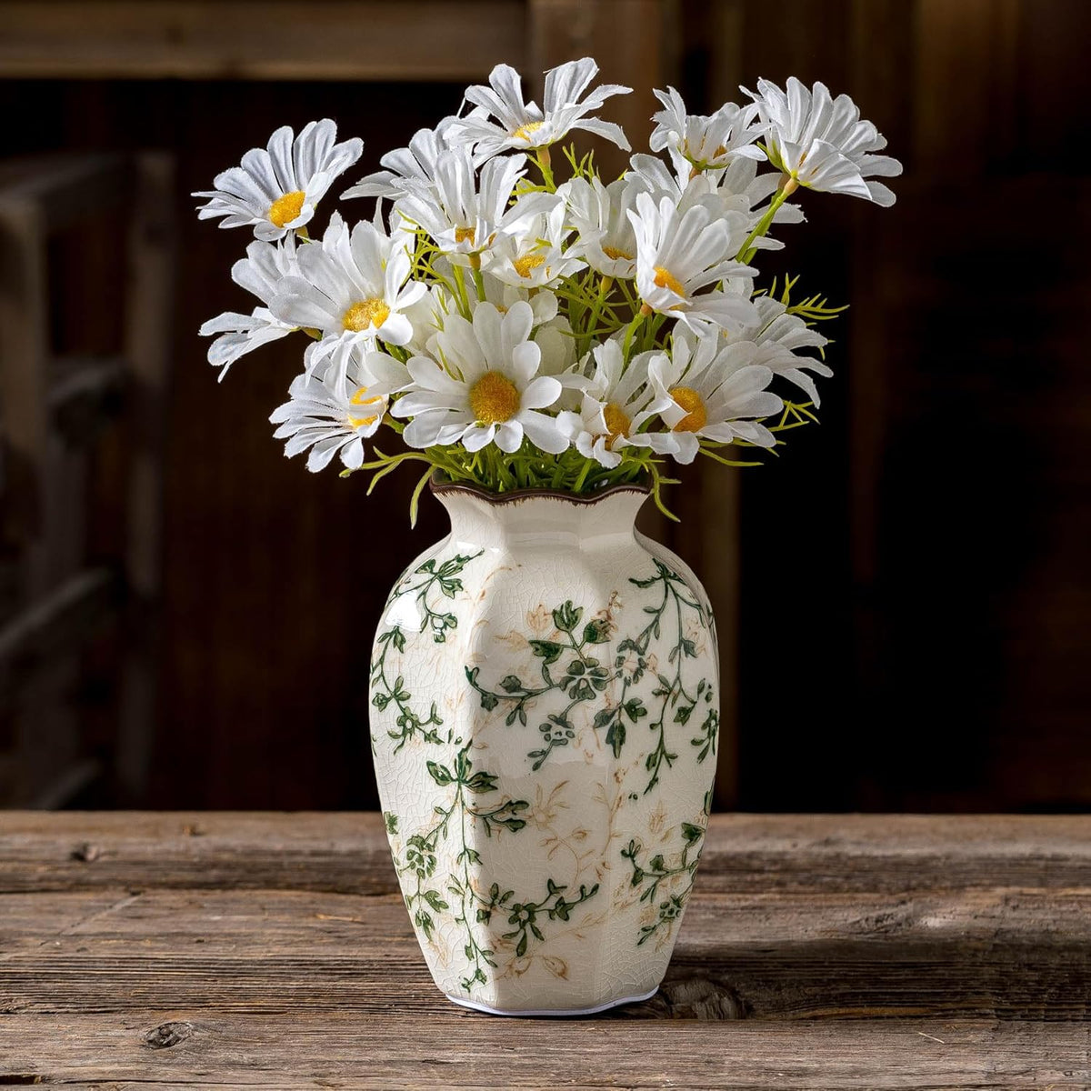 Vintage Pastoral Octagonal Vase, Green and Beige Retro Ceramic Flower Vases, Rustic Farmhouse Vases