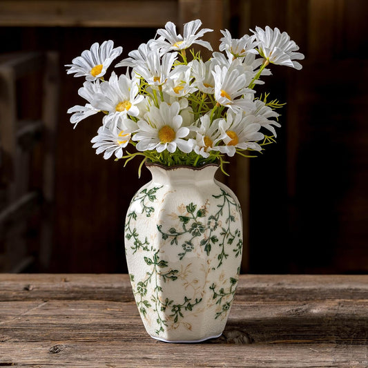 Vintage Pastoral Octagonal Vase, Green and Beige Retro Ceramic Flower Vases, Rustic Farmhouse Vases
