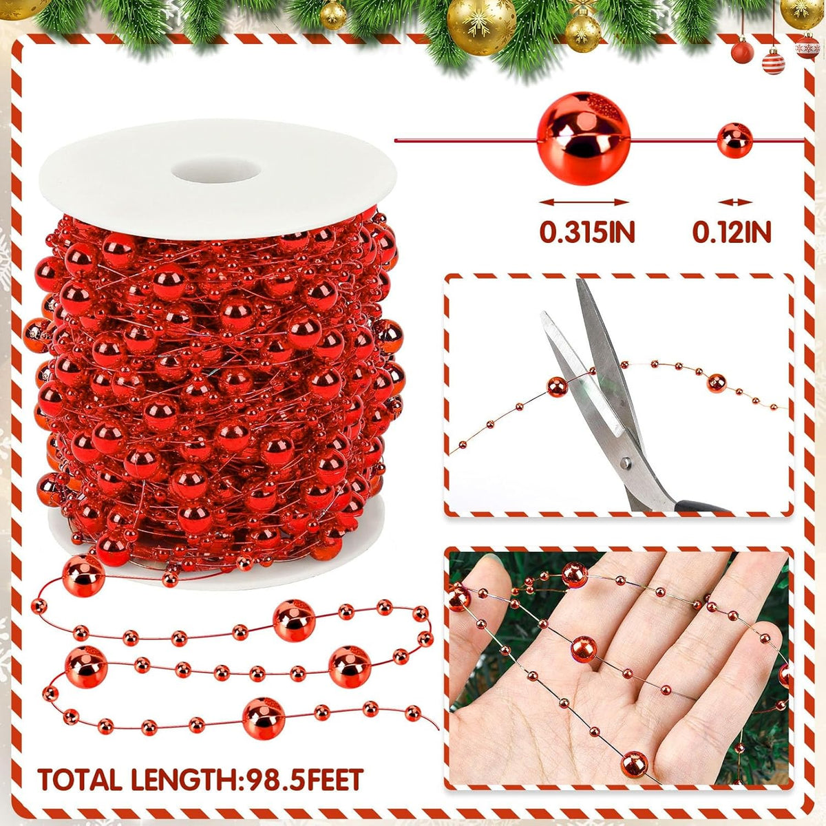 JULBEAR Beads Garland Decoration, 1Rolls 131Feet Red Christmas Pearl Strands Chain Bead Garland for