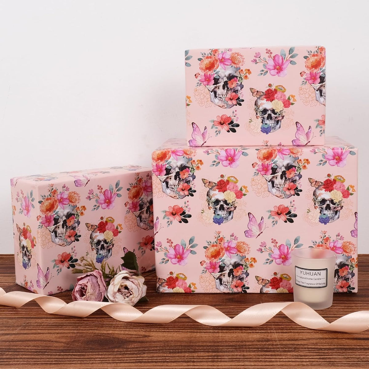 Aimyoo Gothic Wrapping Paper Roll, 17 Inch X 16.5 Feet Skull Floral Butterfly Design Gift Wrap