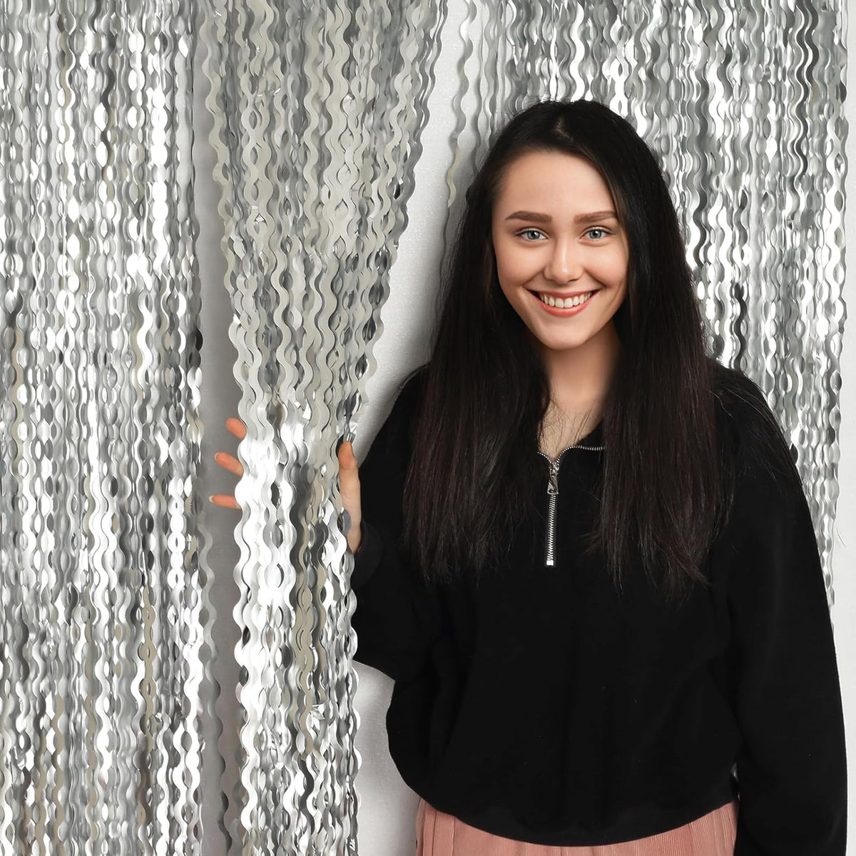 4 Pack 3.3x6.6ft Silver Foil Fringe Backdrop - Wavy Metallic Tinsel Foil Curtains Photo Booth