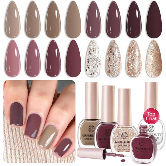 AZUREBEAUTY Nail Polish Set 4 Colors Nude Purple Glitter Nail Polish Quick Dry Natural Nail Lacquer