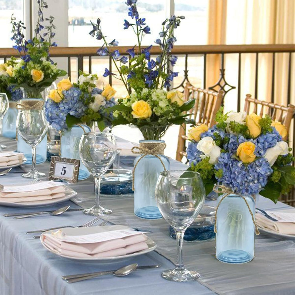 Vintage Glass Flower Vase，12 Pack Blue Farmhouse Glass Centerpiece Vases Mason Jars for Weddings