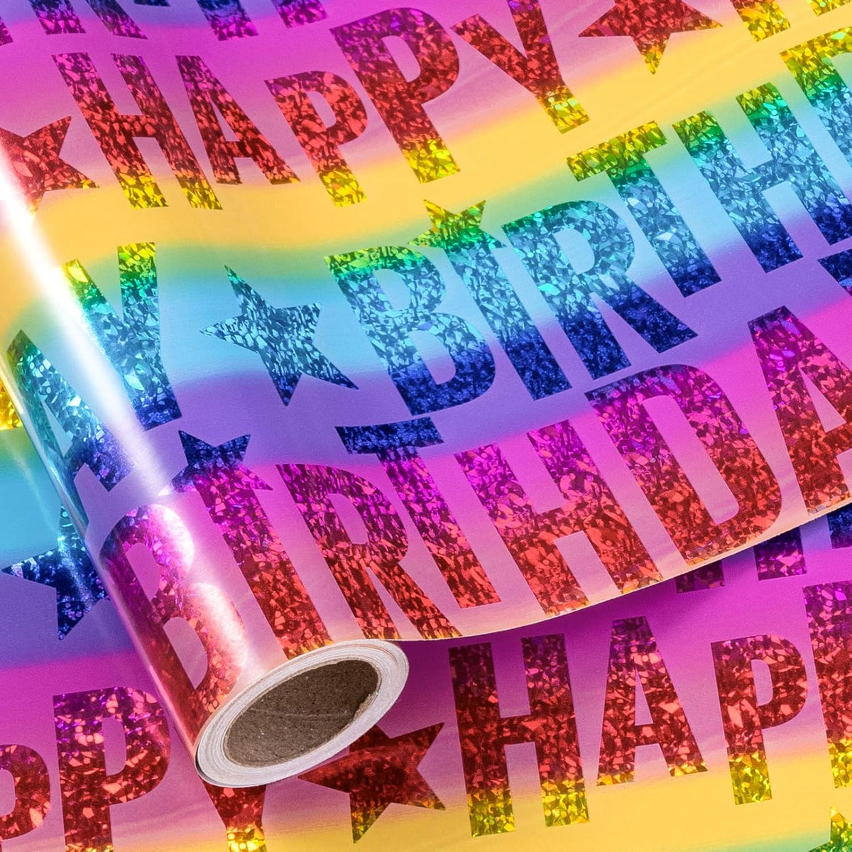 LeZakaa Holographic Birthday Wrapping Paper Roll, Happy Birthday Lettering with Colorful Stars