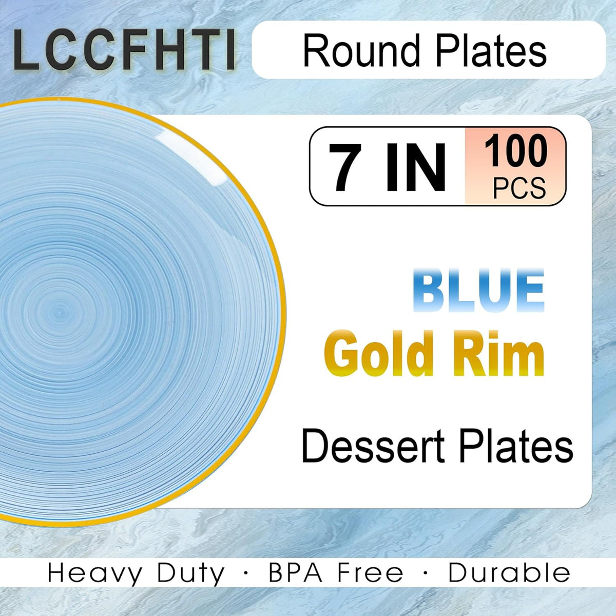 100PCS Transparent Blue Gold Plastic Plates, 7 Inch Heavy Duty Disposable Dessert Plate with Gold