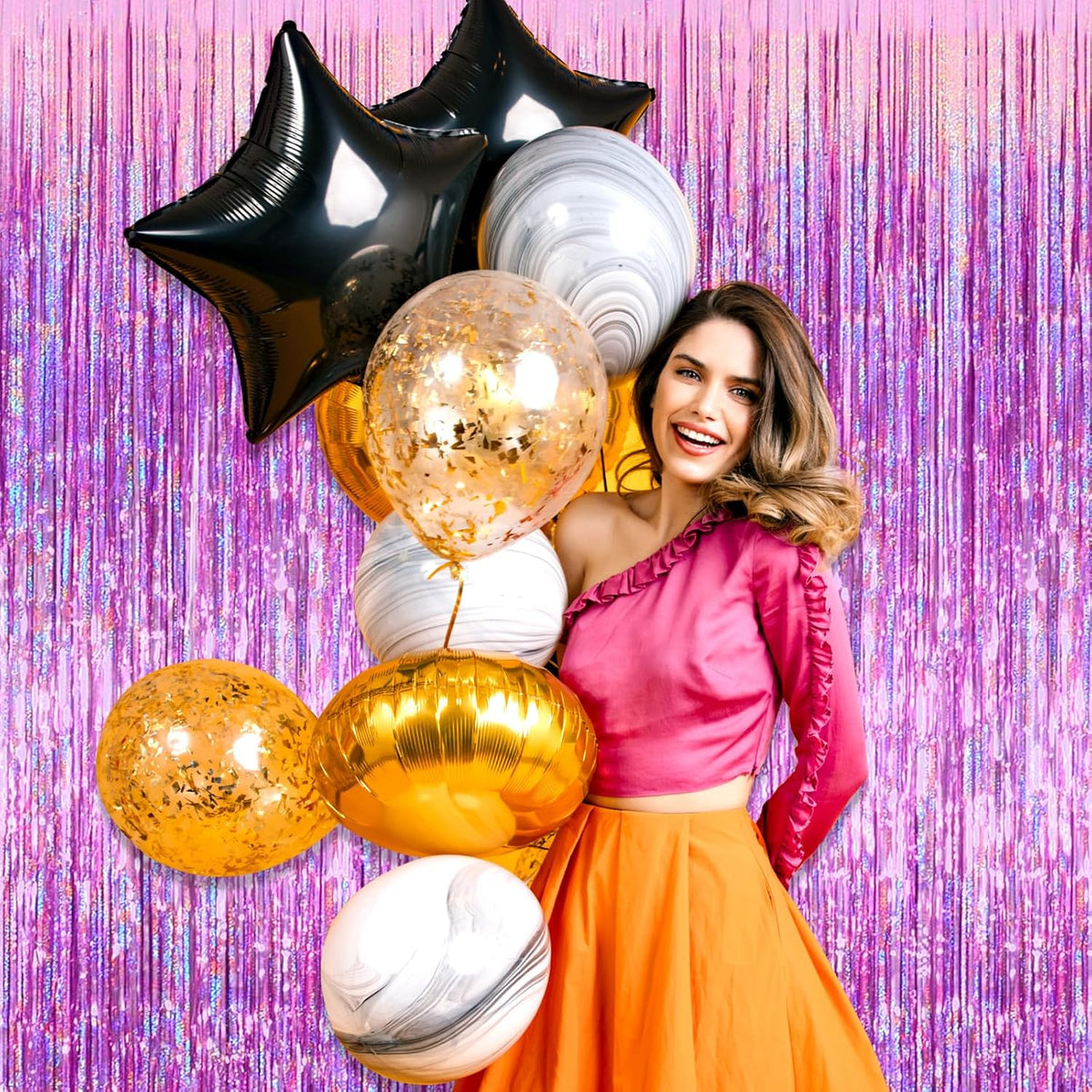3 Pack Pink Foil Fringe Curtain Backdrop, 3.28Ft x 8.2Ft Metallic Tinsel Foil Fringe Streamer