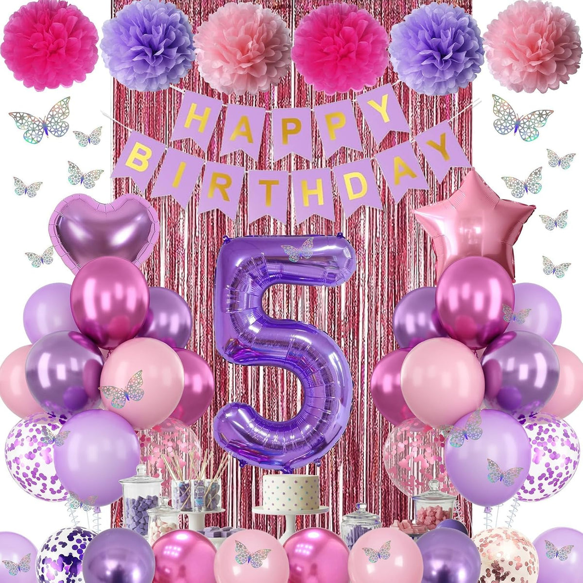 Pink Purple 5th Birthday Party Decorations for Girls Number 5 Balloon Happy Birthday Banner