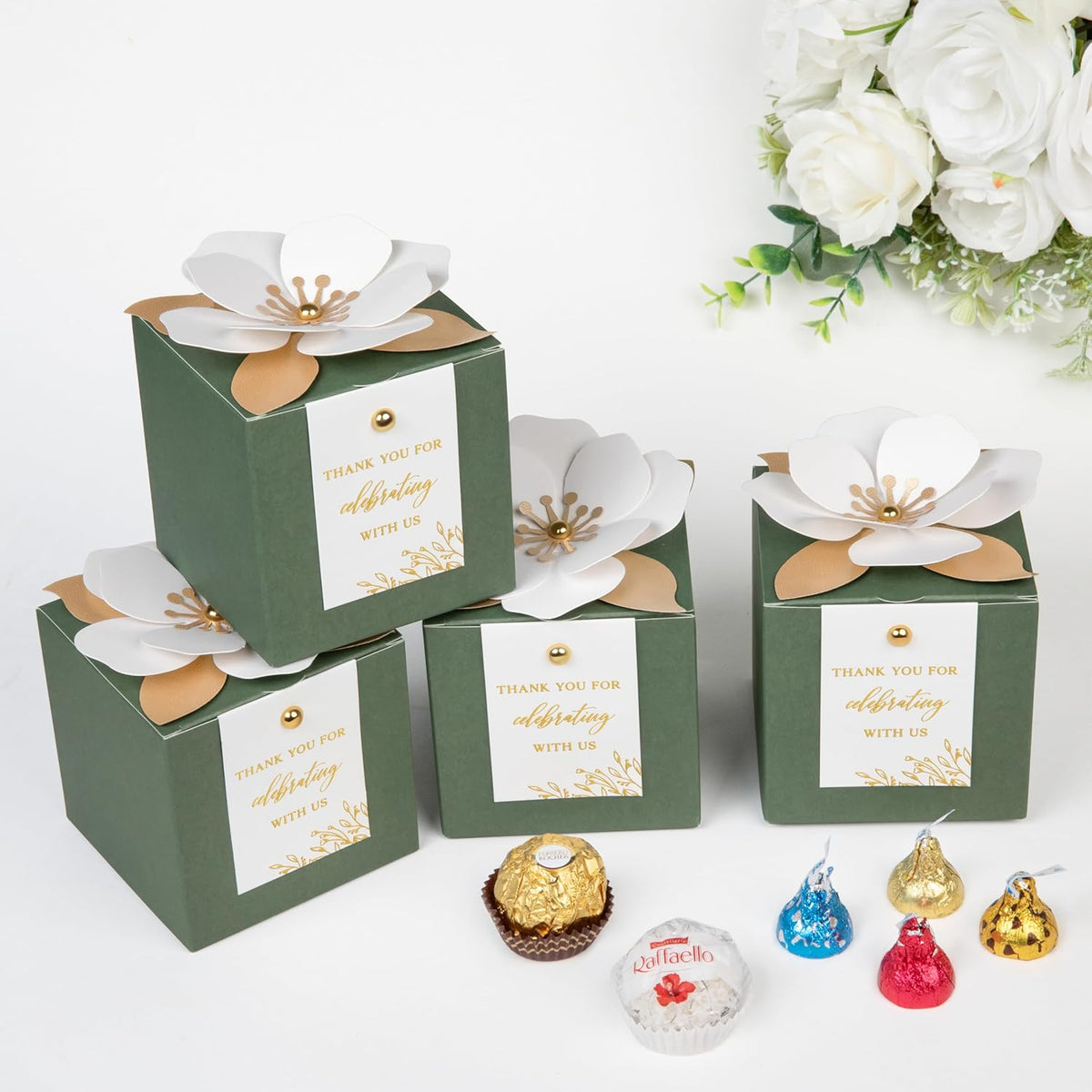 FEIYI 20 PCS Gift Boxes, 3 In 1 Olive Green Favor Boxes with Floral Decor, White Thank You Tags