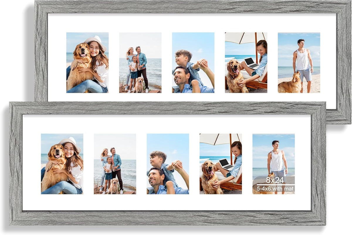 8x24 Picture Frame 2 Pack, Rustic Grey Wood Frame with Tempered Glass, Display Pictures Multiple