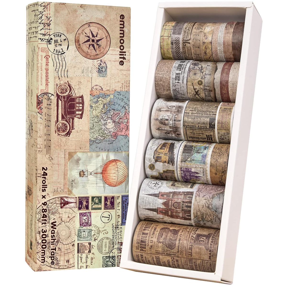 24 Rolls Vintage Washi Tape Set, Antique Car Buildings Map Stamp Stripe Writable Aesthetic Washy