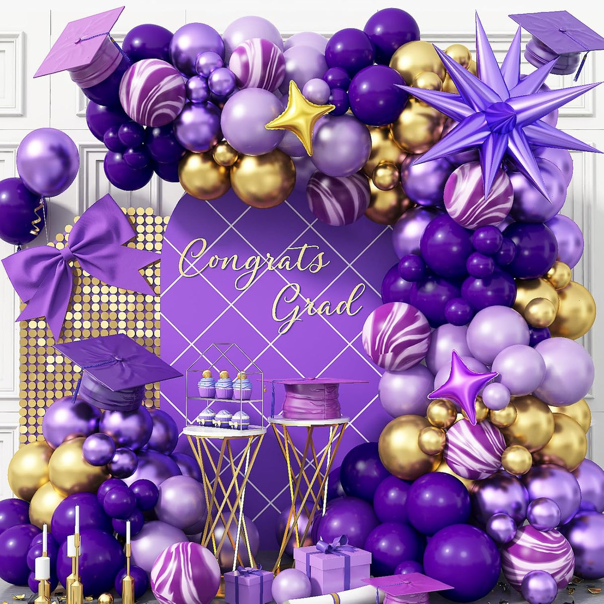 Purple Balloon Arch Kit 110Pcs Purple and Gold Balloons Garland Kit with Explosion Star Balloons
