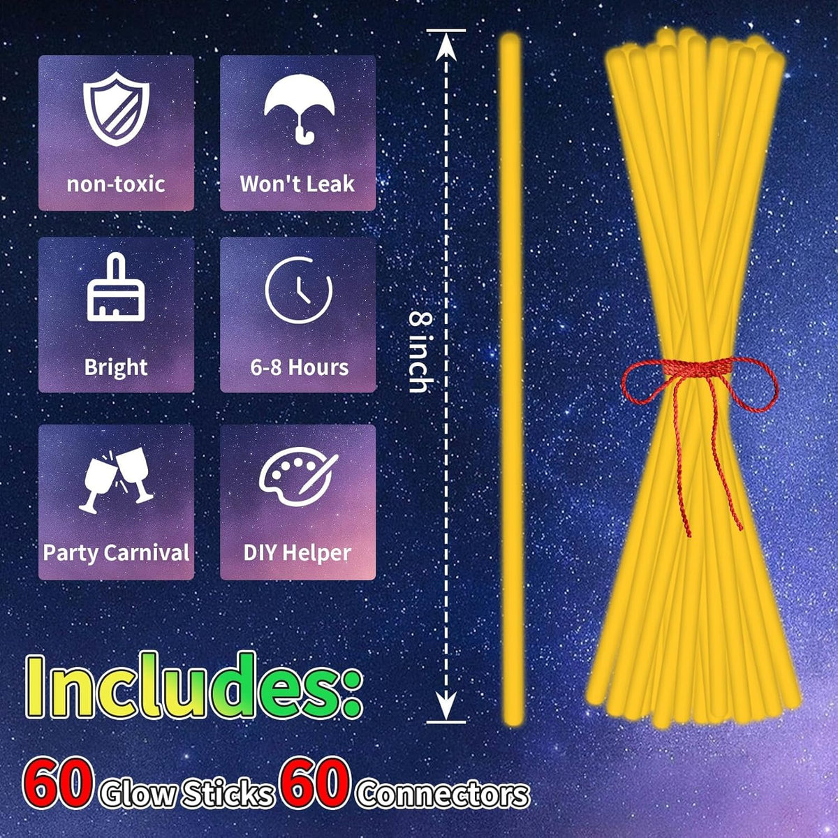 60 Pack 8” Orange Glow Sticks Bulk with 60 Connectors Neon Glow In The Dark Party favors Supplies