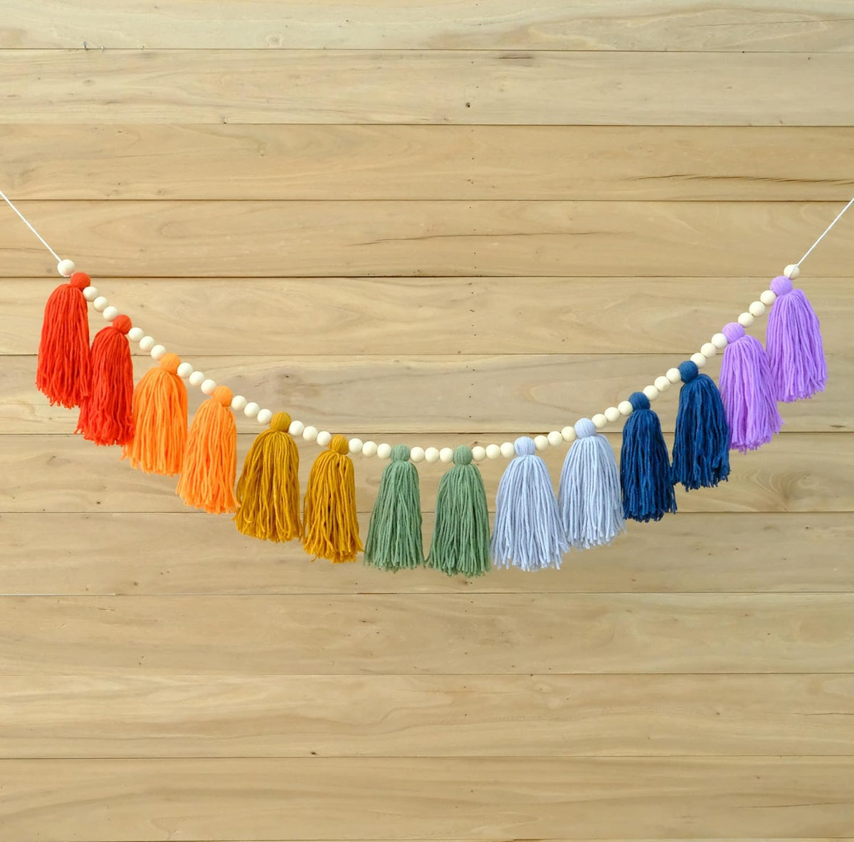 Boho Tassel Garland Wall Hanging with Wood Beads Colorful Tassel for Kids Room Bedroom Classroom