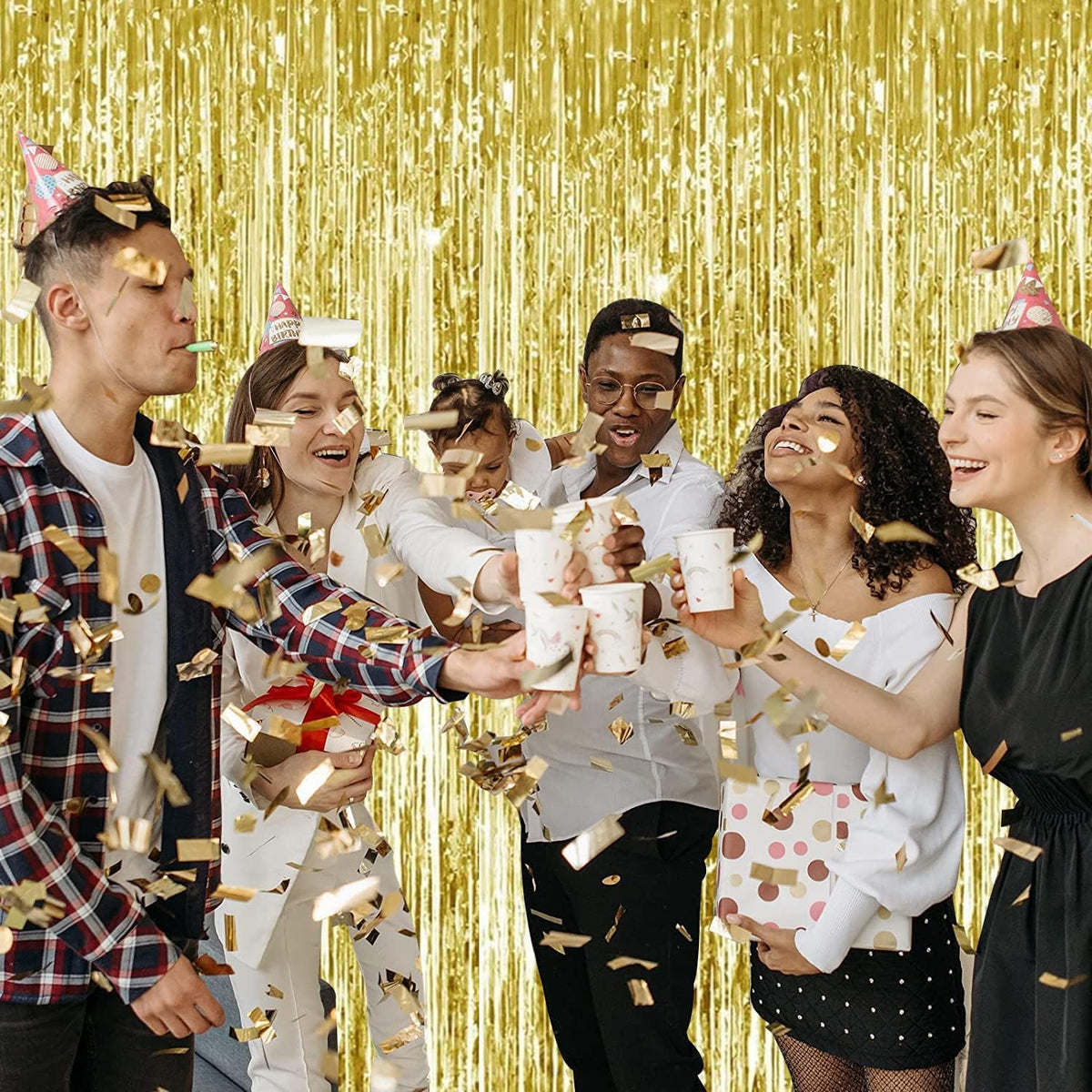 TONIFUL 2Pcs Gold Metallic Tinsel Foil Fringe Curtains,Gold Photo Booth Backdrop Streamer Curtain