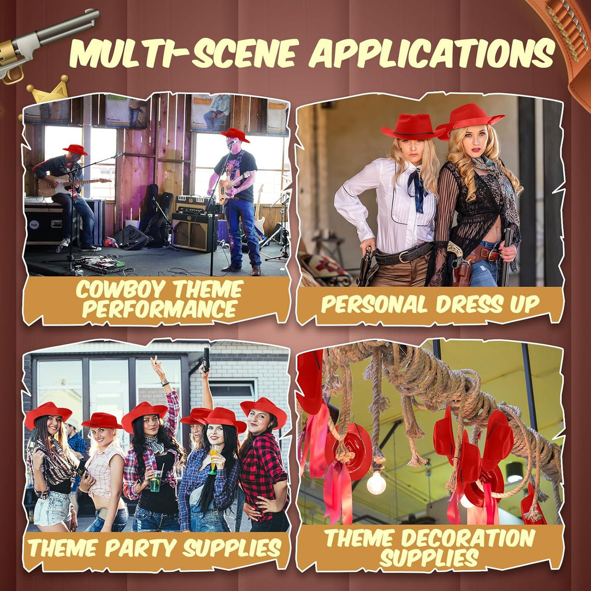 Mepase 24 Pieces Disposable Plastic Western Cowboy Hat Set Felt Wide Brimmed Cowgirl Hats for Men