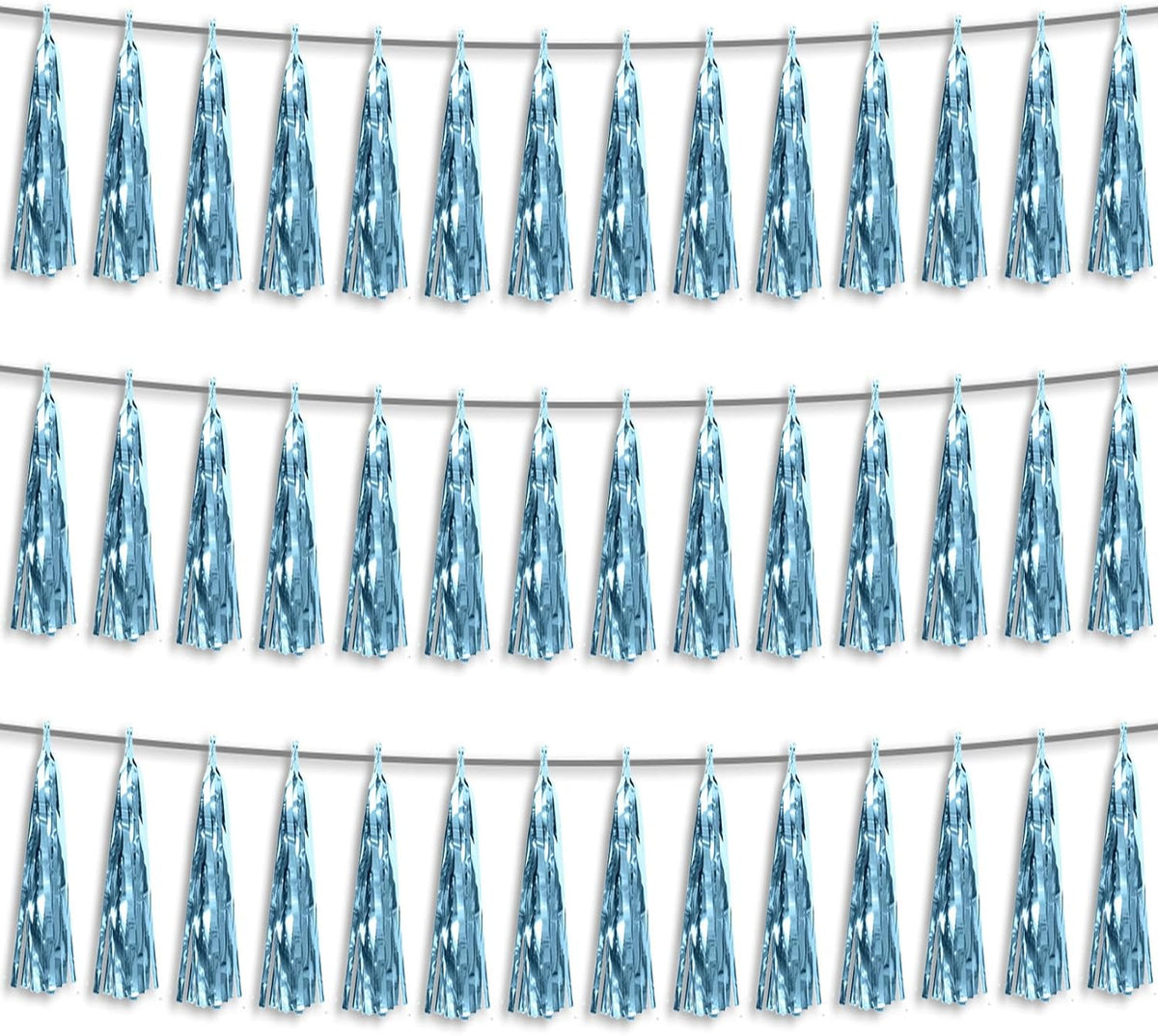 3P Light Blue Foil Fringe Metallic Tassel Streamers Banner Tassel Garland for Parade Floats