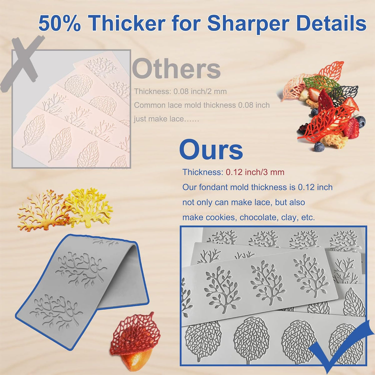 7Pcs Leaf Silicone Fondant Molds with Dough Scraper Silicone Spatula, 3D Coral Branch Leaf