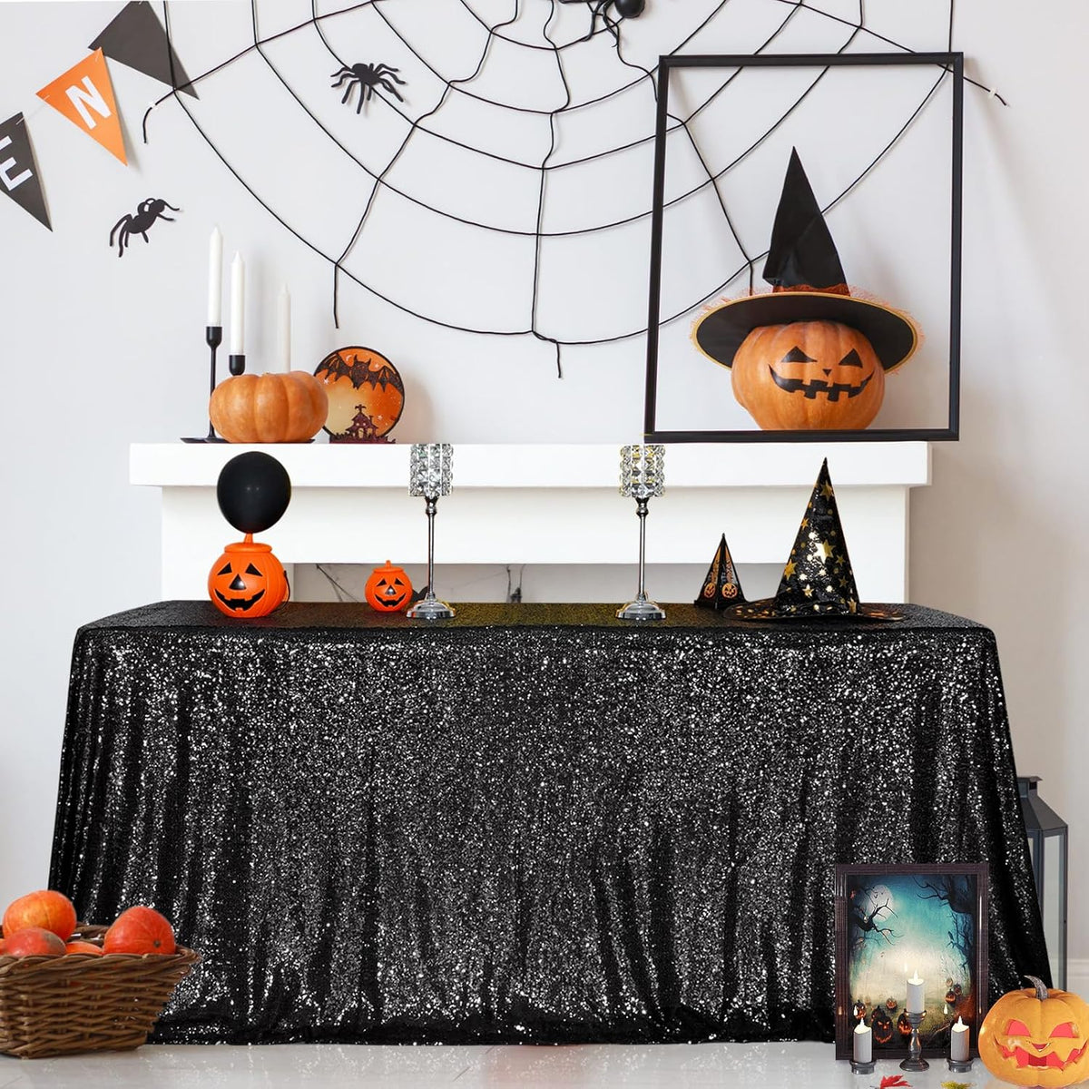 SquarePie Sequin Tablecloth 50 x 72 Inch Black Sparkly Table Cloth for Halloween Wedding Party
