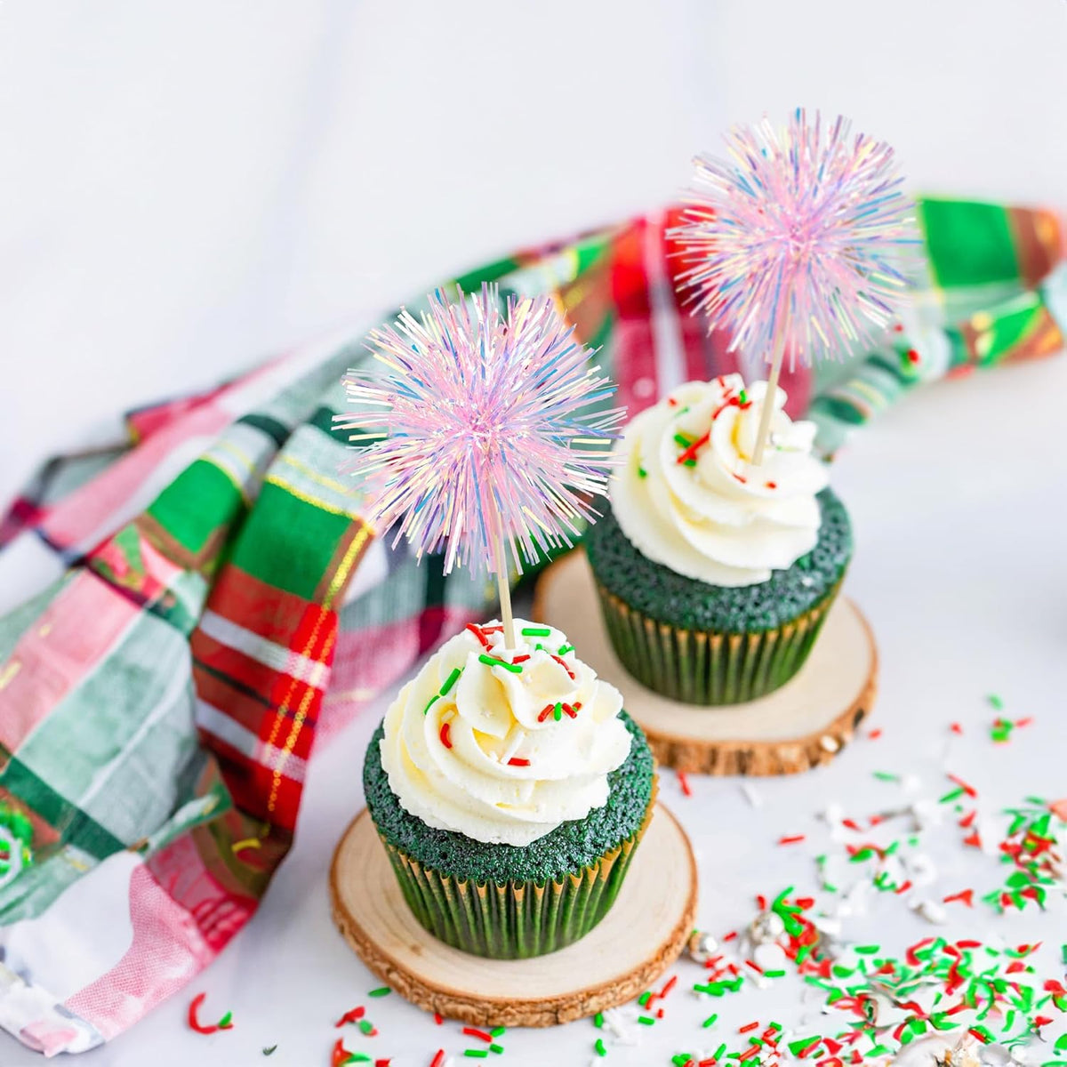 Ephlyn 30Pcs Foil Firework Cupcake Toppers Happy Birthday Cake Toppers Tinsel Flower Drink Stirrers