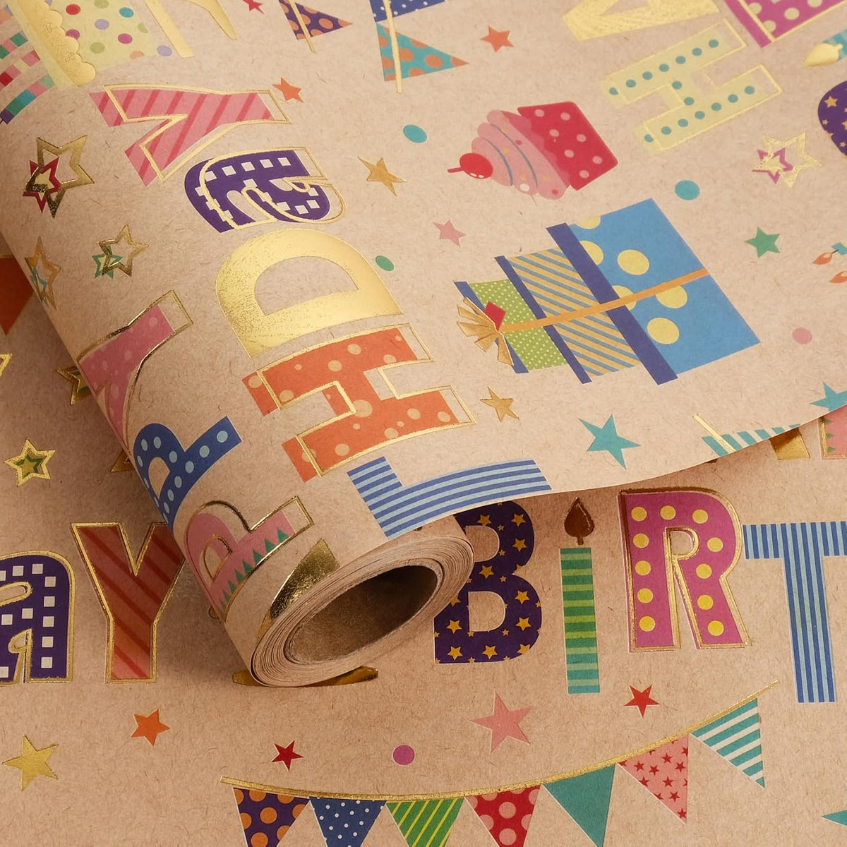 Aimyoo Colorful Birthday Wrapping Paper Roll - 17 Inch X 16.4 Feet - Gold Foil Happy Birthday