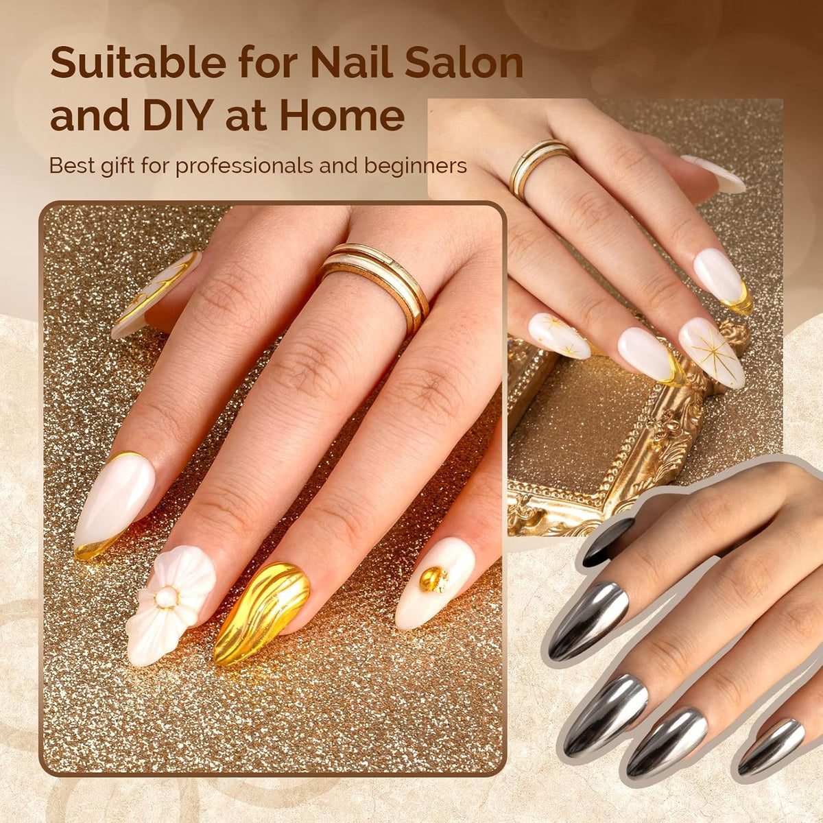 MelodySusie 2Pcs Chrome Nail Powder for Gel Nails,Metallic Mirror Effect Pigment Stylish and