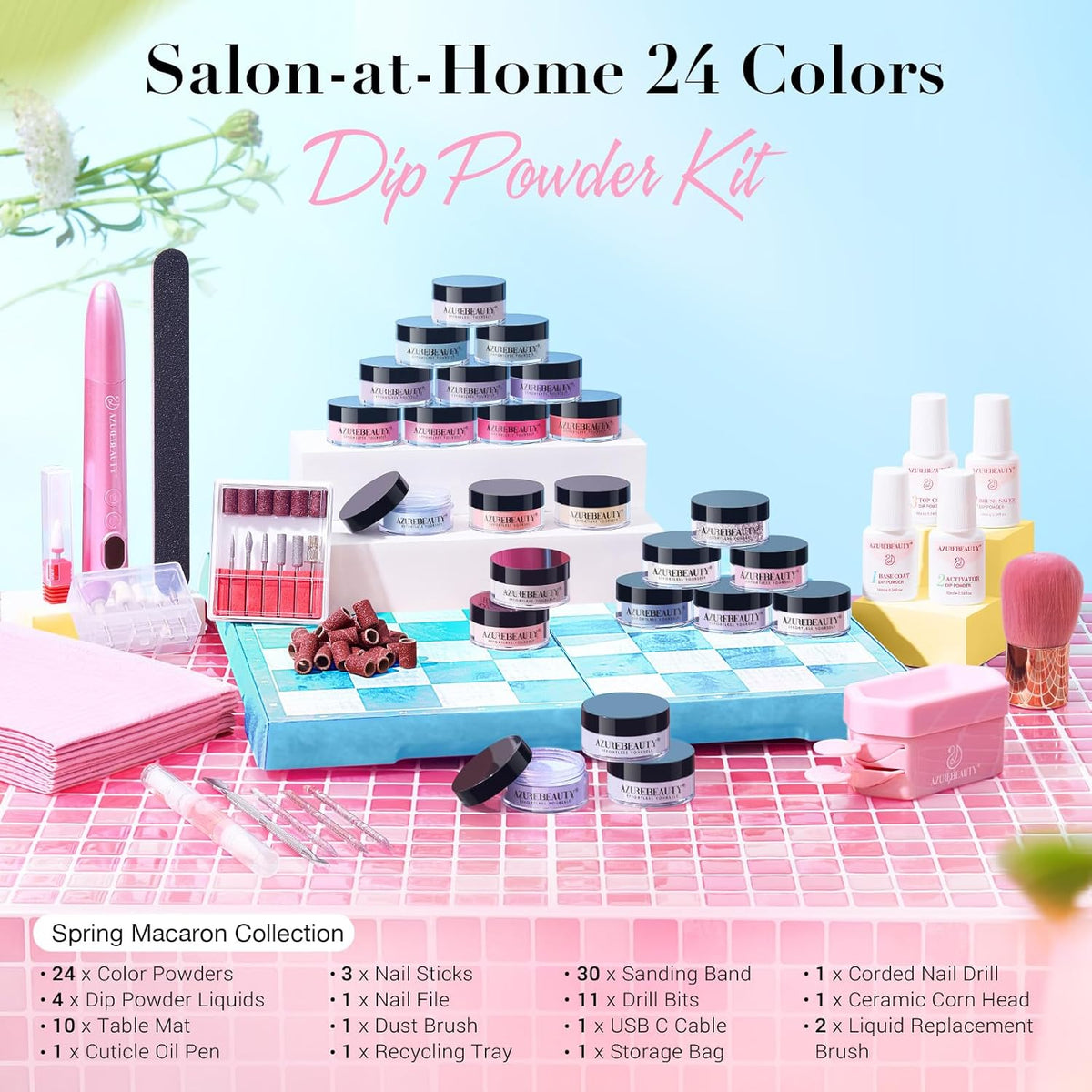 AZUREBEAUTY Dip Powder Nail Kit with Electric Nail Drill 24 Colors Pink Pastel Blue Purple Nails