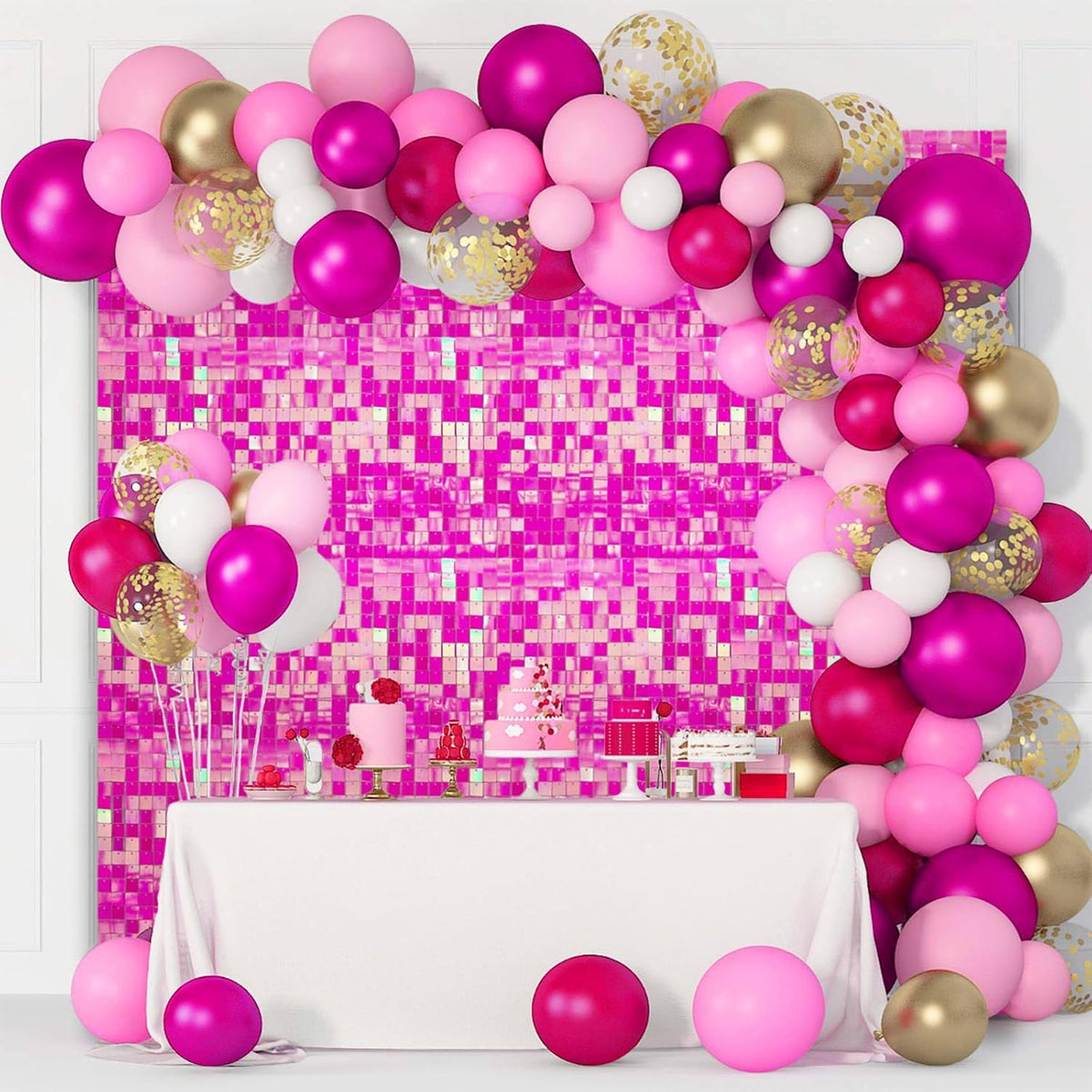 24PCS Colorful Pink Shimmer Wall Backdrop, Square Sequin Photo Backdrops Panel, Glitter Wall