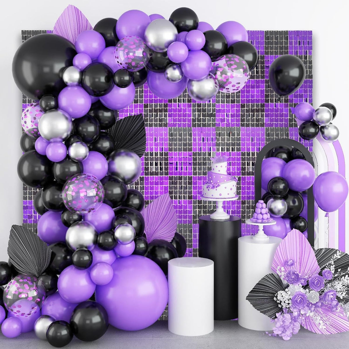 12PCS Black Purple Shimmer Wall Backdrop, Square Sequin Photo Backdrops Panel, Glitter Wall