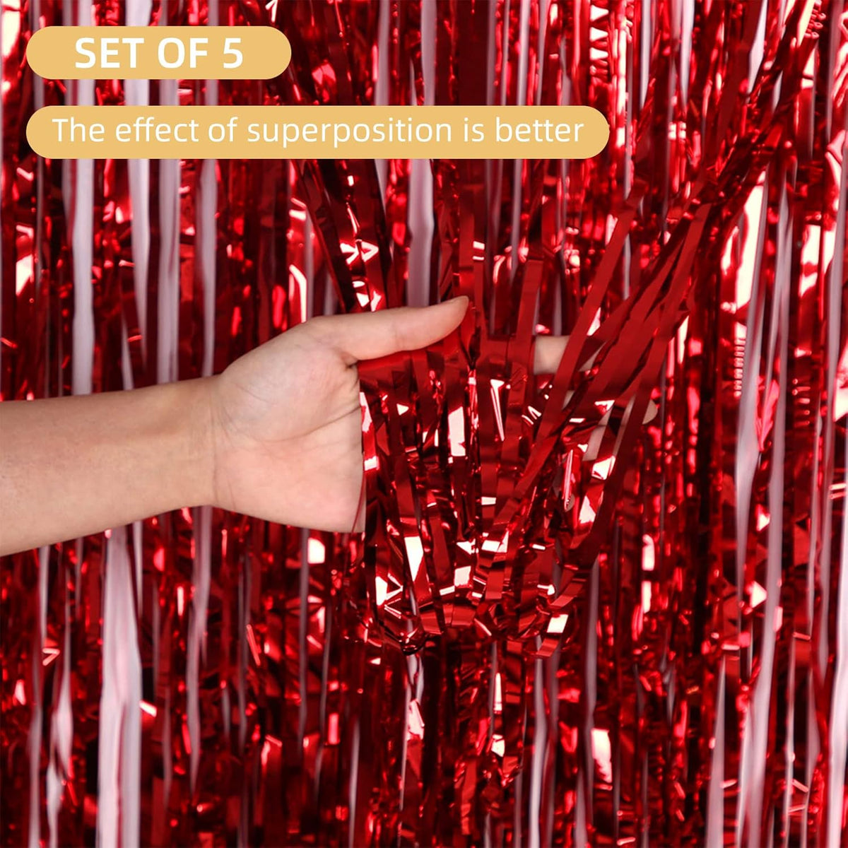 5 Pack Red Fringe Backdrop Curtains 3.2ft x 8.2ft Tinsel Foil Fringe Curtains Tinsel Backdrop