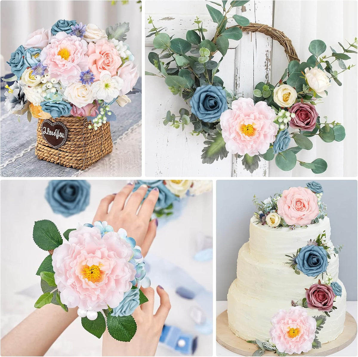 AmyHomie Blue Pink Artificial Flowers Combo Silk Mix Peony Rose Hydrangea Daisy Fake Flowers w/Stem