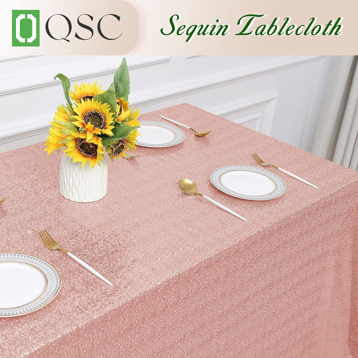 OQSQ Rosegold Rectangle Sequin Tablecloth - 60x102 inch, Glitter Drape Table Cloth, Sparkle